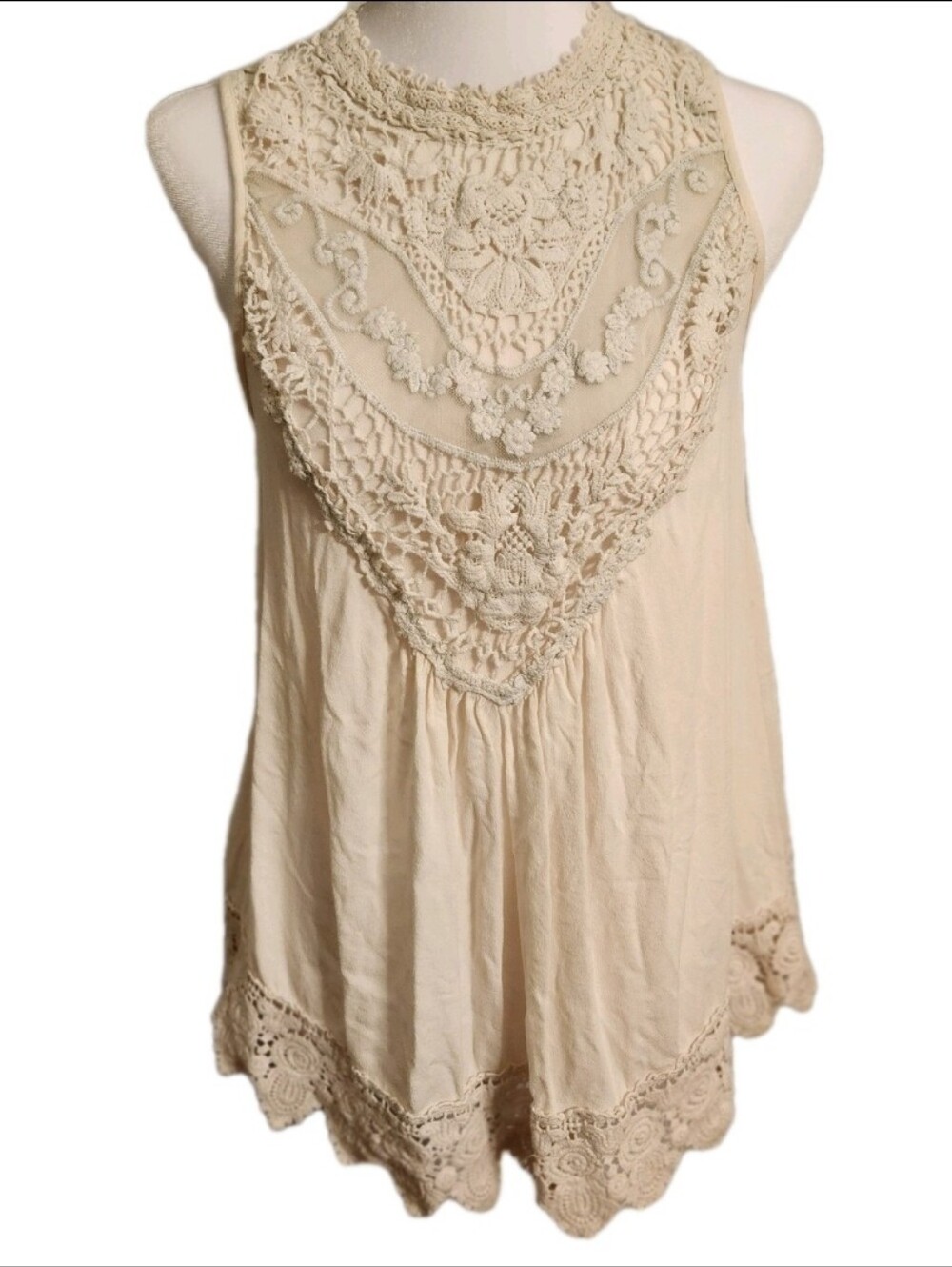 Cream Fairy Lace Babydoll Shirt Top tank Size S Floral Lace Overlay & Ruffles